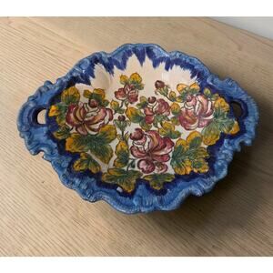 Majolica Ceramic Platter Made in Italy KB FootedSigned Prof AHIHELL 15.5" Long